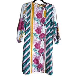 Sapphire Multicolor Cotton Long Sleeve Round Neck Shift Dress Kaftan Size M